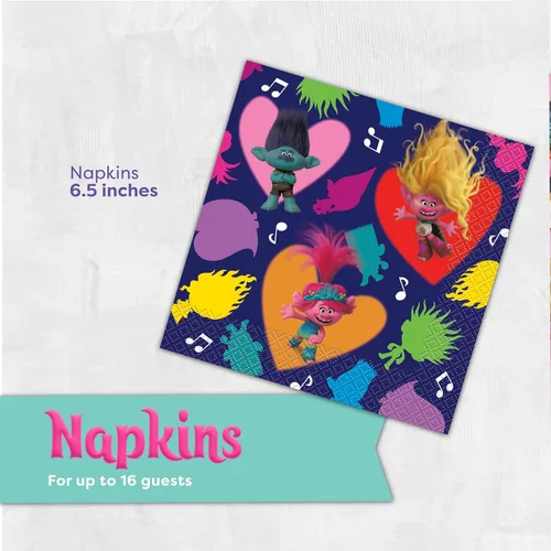 Miniatura 4 de Trolls - Decoraciones para fiestas de cumpleaños Sirve a 16 invitados Platos de trolls, servilletas, calcomanías