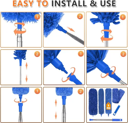 Miniatura 4 de Plumeros profesionales de microfibra para limpieza, 6 plumeros extensibles y flexibles con poste telescópico de 100 pulgadas, kit de limpieza