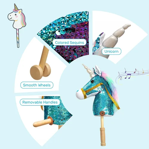 Miniatura 5 de HollyHOME Caballo de unicornio con lentejuelas, caballo de juguete artesanal con palo y ruedas de madera, sonidos reales de relincho y galope de Azul