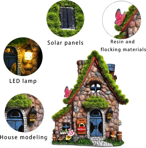 Miniatura 9 de Estatuas de casa de hadas de resina ASAWASA con luces solares, esculturas de jardín divertidas con decoración flocada y adoquinada, exquisitas