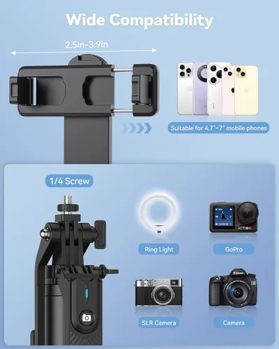 Miniatura 6 de TECKNET Trípode de teléfono de 71 pulgadas y palo para selfie, soporte de trípode portátil extensible para teléfono celular con control remoto