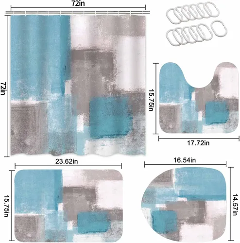 Miniatura 2 de Lnond Juego de 4 cortinas de ducha para baño con alfombras, azul cielo y gris blanco pintura abstracta juegos de baño con cortina de ducha