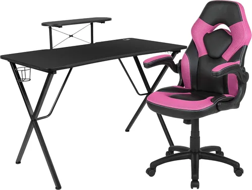 Miniatura 22 de Flash Furniture Juego de escritorio para juegos negro y silla de carreras blanco/negro con soporte para tazas, gancho para auriculares y soporte