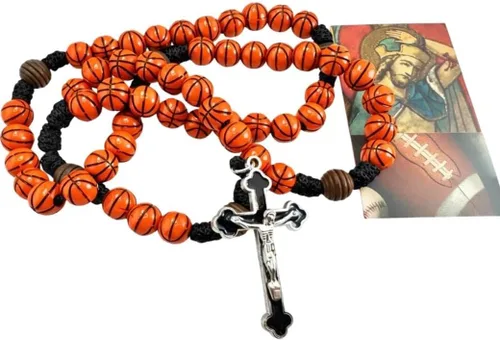 Westmon Works Juego de regalo de rosario de baloncesto para niños, cuentas de oración deportiva católica con tarjeta de San Sebastián, bolsa de