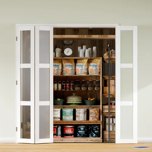 Miniatura 40 de Puerta plegable de 180 grados, para aberturas de 30 ″ x 80 ″, puerta plegable esmerilada blanca 3-Lite con bisagras, juego de herrajes para puertas