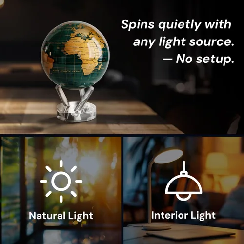 Miniatura 4 de MOVA Globe - Verde esmeralda y dorado clásico (4.5 pulgadas) Movimiento alimentado por energía solar Sin baterías Regalo para escritorio