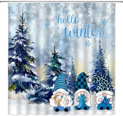 Miniatura 19 de Juego de 4 cortinas de ducha de muñeco de nieve con alfombra, diseño de árbol de pinos de invierno, lindo muñeco de nieve azul, juego de baño