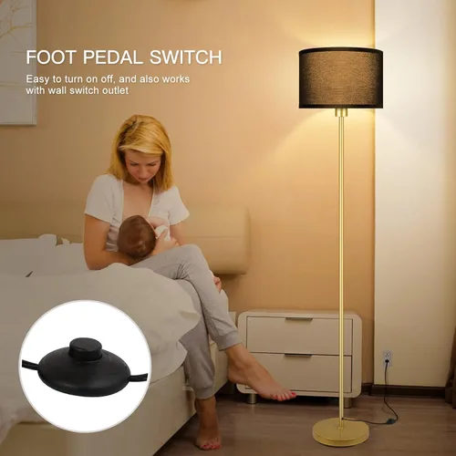 Miniatura 6 de Lámparas de pie doradas para sala de estar, lámpara de pie moderna y brillante, pantallas negras, interruptor de pie, lámparas de poste simple