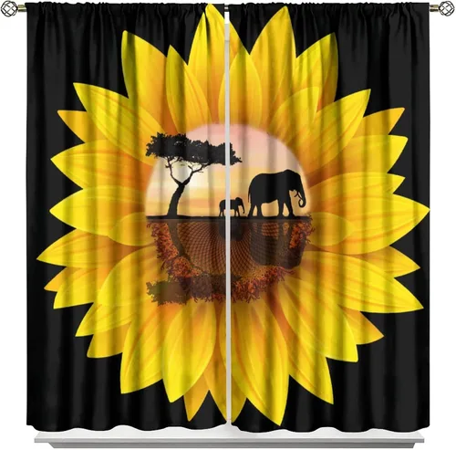 Cortinas opacas de girasoles amarillos, vida silvestre, puesta de sol, tropical, sabana, safari, elefantes, estampado artístico, para decoración del