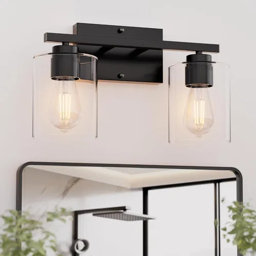 Miniatura 10 de Honesorn Lámparas de baño de 4 luces, luz de tocador de baño, color negro mate, accesorios de iluminación modernos con pantalla de vidrio