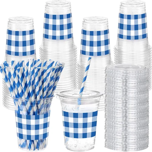 Miniatura 17 de Sliner 50 juegos de vasos de plástico a cuadros de 16 onzas con tapas y pajitas de papel, vasos desechables transparentes para fiesta de autos