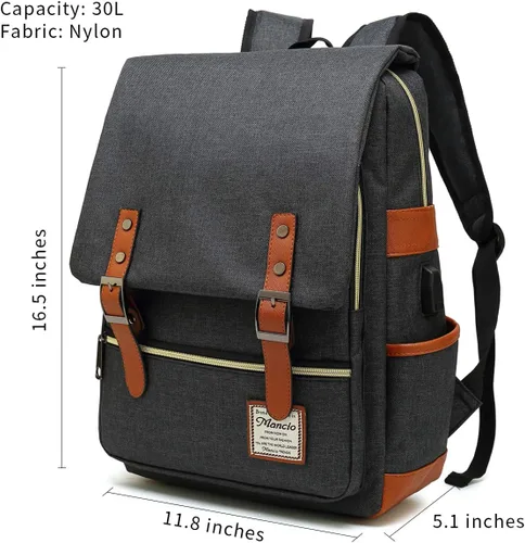 Miniatura 2 de Mancio - Mochila vintage para portátil con puerto de carga USB, mochila de negocios delgada resistente a roturas para viajes, universidad, mochilas