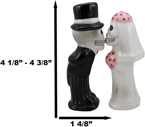 Miniatura 2 de Ebros Gift Juego de saleros y pimenteros de esqueleto para pareja, boda, novia y novio, calaveras de cerámica, esqueletos, cocina, comedor, bar