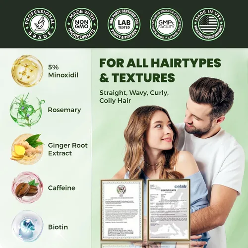Miniatura 2 de Spray para el crecimiento del cabello de minoxidil al 5% para hombres y mujeres con aroma a romero, paquete de 2 unidades de 2.1 onzas líquidas