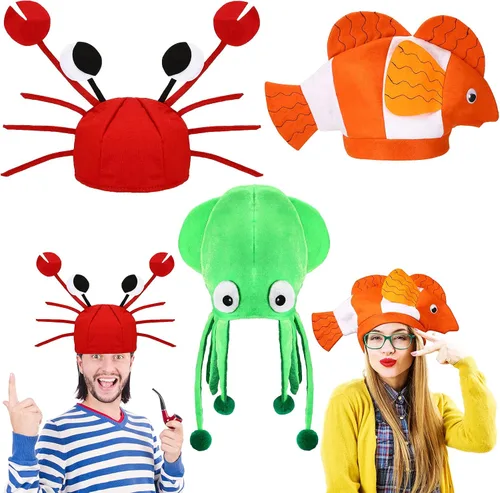Kasyat - Sombreros divertidos y locos de criaturas marinas, paquete de 3, disfraz de animales del océano, pulpo, cangrejo, payaso, sombreros para