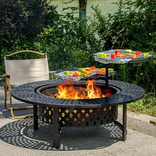Miniatura 10 de OutVue Fogata de 36 pulgadas con 2 parrillas, fogata de leña para exteriores con tapa, atizador y cubierta redonda impermeable, barbacoa y hoguera