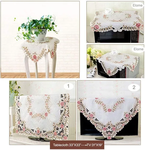 Miniatura 3 de LeLehome - Mantel de encaje bordado con flores cafés, color crema y beige, diseño clásico y tela que no se arruga para mesa de comedor
