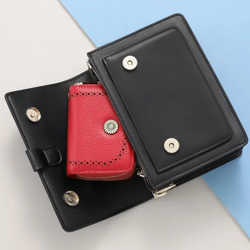 Miniatura 8 de GOIACII Cartera con tarjetero RFID para mujer, pequeña cartera de piel auténtica con 2 cremalleras