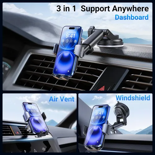 Miniatura 2 de Soporte 3 en 1 para teléfono de coche [122+LBS de succión más fuerte y brazo de abrazadera estable] Soporte de teléfono ajustable de 360°