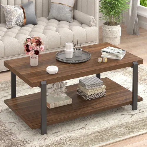 FOLUBAN - Mesa de café moderna con estante de almacenamiento, mesa central de madera rústica para sala de estar, nogal