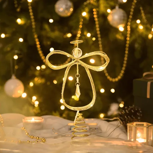 Miniatura 5 de Valery Madelyn Adorno de Ángel Iluminado para la Punta del Árbol de Navidad con Temporizador, Ángel Pequeño de Metal Dorado Preiluminado de 10