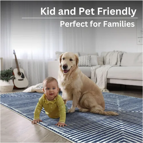 Miniatura 10 de Bloom Rugs Alfombra lavable antideslizante de 7 pies – Alfombra a rayas azules para entrada, pasillo, baño y cocina, tamaño exacto: 2.5 x 7 pies