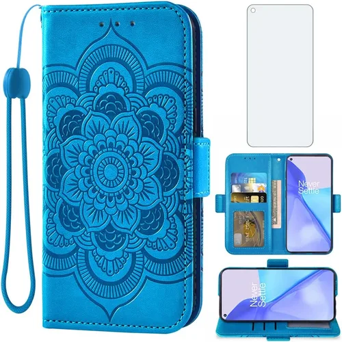 Compatible con OnePlus 9 OnePlus9 5G Funda tipo cartera y protector de pantalla de vidrio templado, funda abatible para tarjetas de crédito, soporte