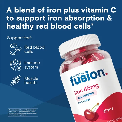 Miniatura 2 de Bariatric Fusion Suplemento de hierro bariátrico con sabor a fruta de cereza, masticable suave con vitamina C para pacientes bariátricos, incluyendo