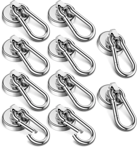 Miniatura 12 de VNDUEEY Ganchos magnéticos fuertes de 100 libras, paquete de 4 ganchos magnéticos de neodimio grado 52 resistentes con mosquetón giratorio