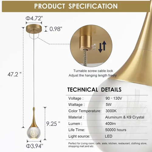 Miniatura 7 de Lámpara colgante LED moderna para isla de cocina, iluminación colgante de techo de cristal de lágrima dorada regulable para comedor, dormitorio