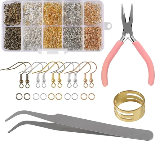 Kit de ganchos para aretes de 5 colores, hipoalergénicos, 1000 anillos de salto, alicates de joyería, aretes de gancho de pez, aretes de bricolaje