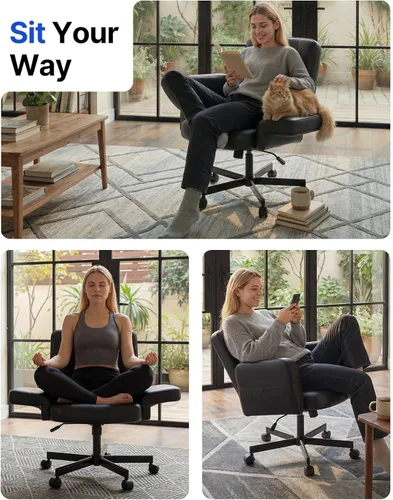 Miniatura 3 de HUANUO Silla cruzada con reposabrazos ajustables de 6 puntos, silla de oficina cruzada apta para mascotas, cómoda silla de pierna cruzada