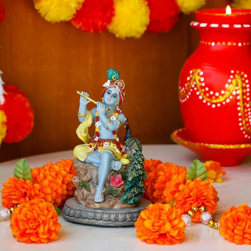 Miniatura 2 de alikiki Estatua hindú de Krishna de Dios Krishna – 5.5 pulgadas de alto indio Señor Krishna ídolo toca la flauta con artículo Murti pavo real Murti