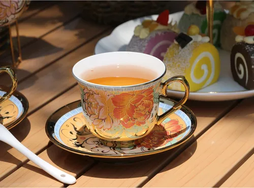 Miniatura 5 de Juego de té de porcelana de 20 piezas con soporte de metal, juego de té de cerámica europeo para adultos, juego de té de flores, juego de té