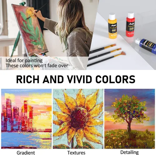 Miniatura 5 de ABEIER Juego de pintura acrílica, 24 colores (60ml/2oz) con 12 pinceles de pintura, no tóxico, resistente al agua, fuerte cobertura para niños