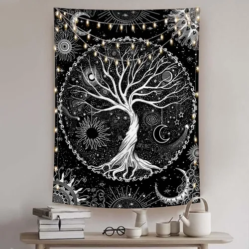 Miniatura 13 de Lunerfex Tapiz de árbol de la vida, tapiz de pared de fase lunar, tapices verdes para dormitorio, techo, tapices para colgar en la pared