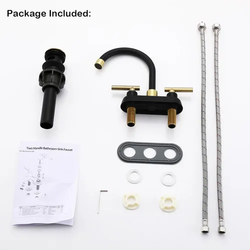 Miniatura 7 de Grifo de baño negro y dorado, 2 manijas de 4 pulgadas con drenaje desplegable, moderno fregadero de tocador de caravana de 2 o 3 agujeros de montaje