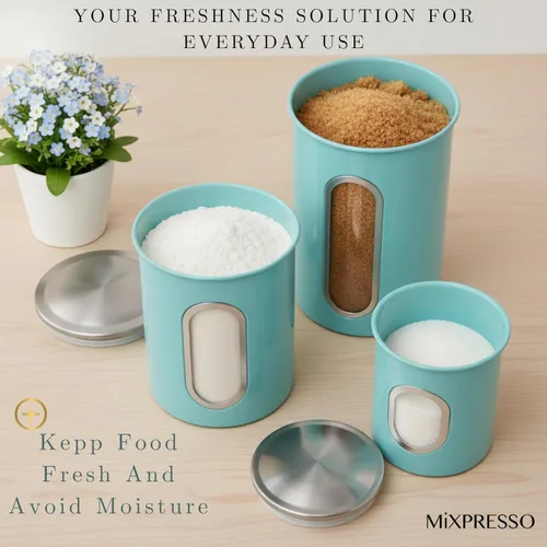 Miniatura 5 de Mixpresso Juego de 3 recipientes de color azul aguamarina para la cocina, juego de recipientes herméticos con ventana transparente, tarros de Azul
