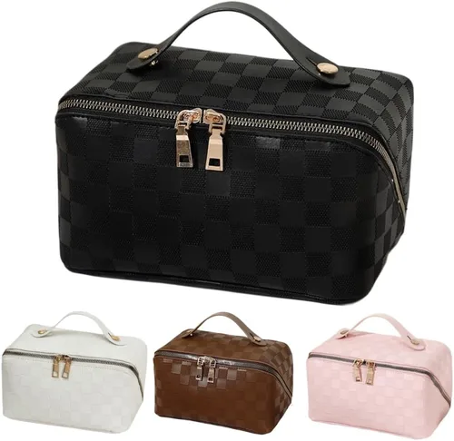 Miniatura 27 de Bolsas de maquillaje a cuadros de gran capacidad, bolsas de cosméticos portátiles de viaje, bolsa de aseo abierta y plana para mujeres y niñas