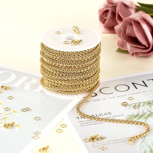 Miniatura 4 de Cadenas chapadas en oro a granel, cadena de trigo de acero inoxidable 304 con anillos de salto y cierres de langosta, collar para hombres y mujeres