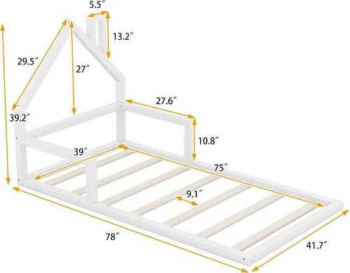 Miniatura 2 de Harper & Bright Designs Cama de suelo de tamaño individual con cabecera en forma de casa, marco Montessori, cama de plataforma para niños, Blanco