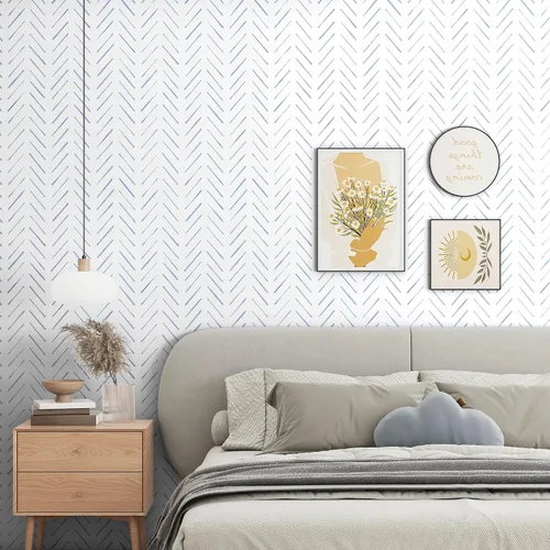 Miniatura 2 de Papel tapiz de rayas de espiga para despegar y pegar, papel tapiz de 17.3 x 78.8 pulgadas, papel de pared blanco y azul, papel de contacto bohemio