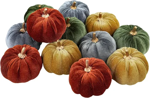 Miniatura 12 de Winlyn 12 calabazas decorativas de tela pequeña en azul y blanco, chinoiserie chic, calabazas de espuma de 3 pulgadas para regalos, otoño, boda