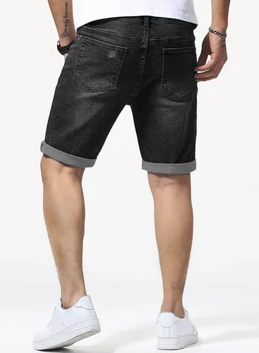 Miniatura 2 de JMIERR Pantalones cortos de mezclilla para hombre, estilo casual, elásticos, ajustados, lavados, desgastados, enrollados, rasgados, para hombre