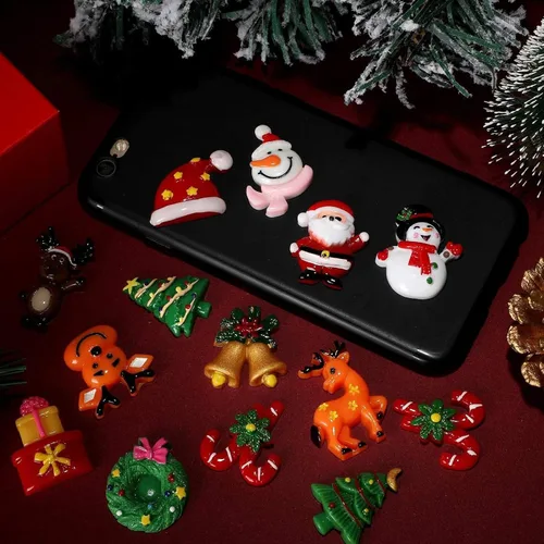 Miniatura 3 de WILLBOND 50 mini dijes de resina de Navidad para manualidades, adornos de resina con parte trasera plana, adornos surtidos en miniatura, Papá Noel