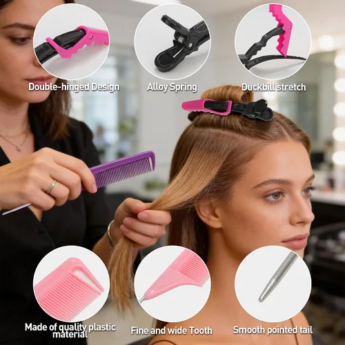 Miniatura 5 de Peines de cola de rata y separación con clips de peinado: 3 peines de metal para trenzas, 7 pinzas profesionales para seccionamiento