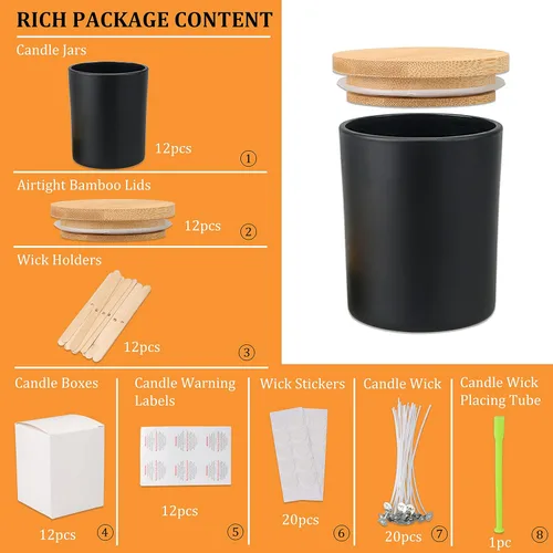 Miniatura 2 de MILIVIXAY Paquete de 12 tarros de vela de vidrio negro mate de 7 onzas con tapas y kits de fabricación de velas, tarros de velas vacíos a granel