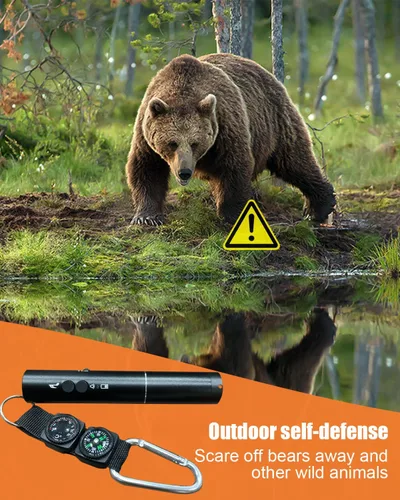 Miniatura 5 de Bocina de aire electrónica de 120dB con luz, brújula y termómetro - Bocina para osos para asustar a los osos - Autodefensa para senderismo, carga USB