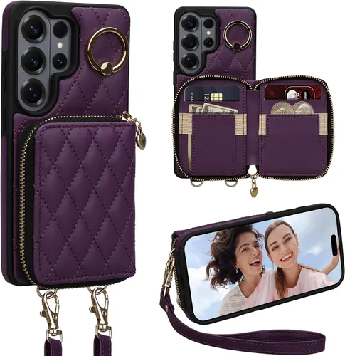 Miniatura 29 de Funda tipo cartera para iPhone 15 de 6.1 pulgadas, bolso cruzado con cremallera y correa para la muñeca con cordón para mujer, tarjetero con bloqueo