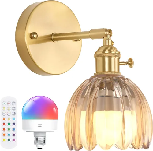 Miniatura 9 de Shenmoyl Aplique de Pared Vintage Operado por Batería con Linda Campana de Vidrio Tulipán Verde, Recargable Inalámbrica, Luz de Pared con Control